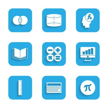 Hesap makinesini, Pi sembolünü, grafik grafiği, cetvel, açık kitap, fonksiyon matematiği ve matematik kümelerini A ve B simgesi ile bilgisayar monitörünü ayarla. Vektör