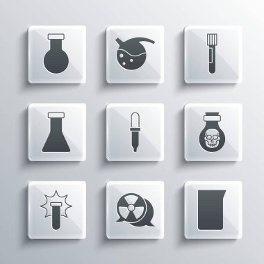 Radyoaktif, cam veya deney tüpü, şişedeki zehir, Pipette, kimyasal patlama, test tüpü ve ikon ve ikonu hazırlayın. Vektör