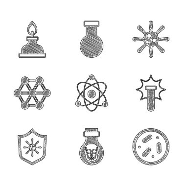 Atom 'u, Zehri şişeye koy, bakterili Petri kabı, kimyasal patlama, virüs, molekül, bakteri ve alkol veya ruh yakma ikonundan koruma kalkanı. Vektör