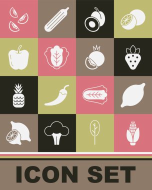 Mısır, Limon, Çilek, Erik meyvesi, Lahana, Elma, Domates ve ikon. Vektör