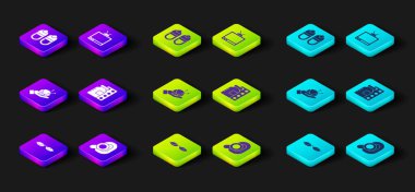 Gözlük, işitme cihazı, örgü iğneli yün yumağı, hap şişliği, Retro TV ve Terlik ikonu. Vektör