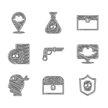 Klasik tabancalar, antika hazine sandığı, korsan kafataslı kalkan, yer, korsan kaptanı, bozuk para ve ikon. Vektör