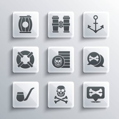 Kurukafa 'yı çapraz kemiklere, yer korsanına, korsan sikkeye, sigara piposuna, Lifebuoy' a, barut fıçısına ve Anchor ikonuna ayarlayın. Vektör