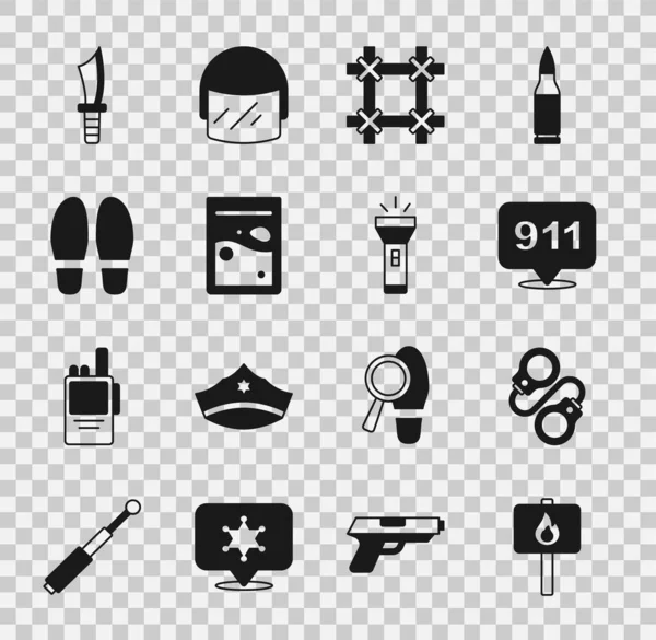 Set Protest, Handboeien, Telefoon 911, Gevangenisvenster, Plastic zak met drugs, Voetstappen, Militair mes en zaklamp icoon. Vector — Stockvector