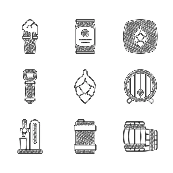 Set Hop, Metal beer keg, Wooden barrel, Beer tap with glass, Bottle opener, and Glass of icon. Vector — Stock Vector