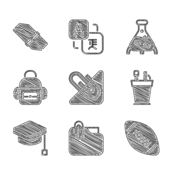 Set Clip de papel, carpeta de documentos con, pelota de fútbol americano, papelería del estuche de lápiz, gorra de graduación, mochila escolar, tubo de prueba y frasco y borrador o icono de goma. Vector — Vector de stock