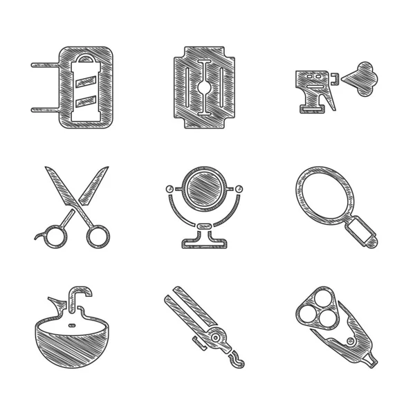 Set Espejo de maquillaje redondo, plancha de rizar, cuchilla de afeitar eléctrica, mano, lavabo, peluquería tijeras, botella de pistola de peluquería y el icono del poste de la peluquería. Vector — Archivo Imágenes Vectoriales