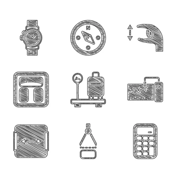 Set Scale with suitcase, Drawing compass, Calculator, Measuring instrument, Area measurement, Bathroom scales, Approximate measurements and Wrist watch icon. Vector — Stock Vector