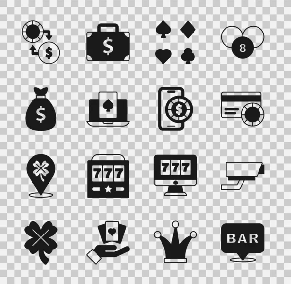 Set Alcohol bar location, Security camera, Credit card, Deck of playing cards, Online poker table game, Money bag, Casino chips exchange money and icon. Vector — Stock Vector