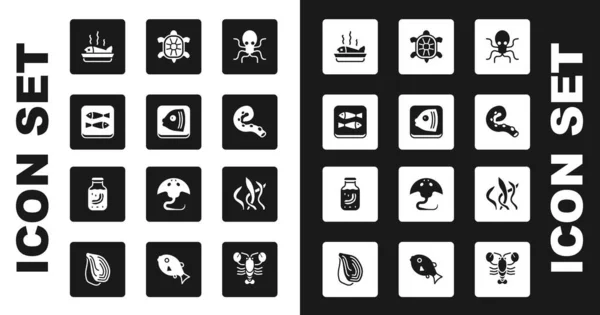 Set chobotnice, Rybí hlava, Konzervované ryby, Podává se na talíři, chapadla, Želva, Chaluhy a okurky ve sklenici ikony. Vektor — Stockový vektor