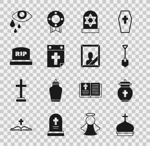 Set Church tower, Funeral urn, Shovel, Grave with star of david, Calendar death, Tombstone RIP written, Tear cry eye and Mourning photo frame icon. Vector — Stock Vector