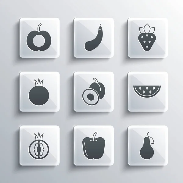 Conjunto de manzana, pera, sandía, fruta de ciruela, tomate, melocotón y fresa icono. Vector — Vector de stock