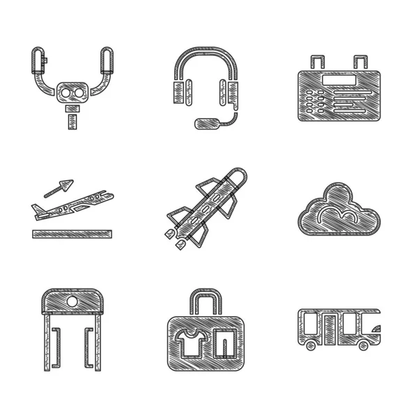 Set Rocket, Suitcase, Airport bus, Cloud weather, Metal detector в аеропорту, Plane зліт, бортовий і кермовий шолом. Вектор — стоковий вектор