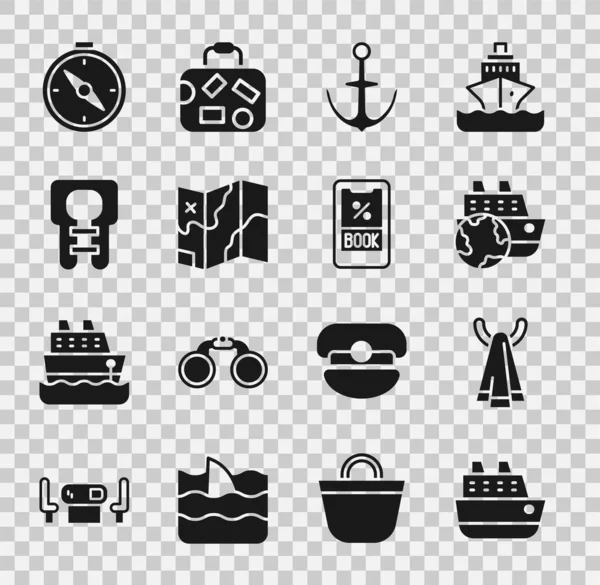 Set Kreuzfahrtschiff, Handtuch auf einem Kleiderbügel, Anker, gefaltete Karte, Rettungsweste, Kompass und Ticket-Symbol. Vektor — Stockvektor
