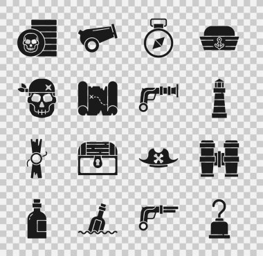 Korsan kancası, dürbün, deniz feneri, pusula, hazine haritası, Kafatası, bozuk para ve antika tabanca ikonu. Vektör