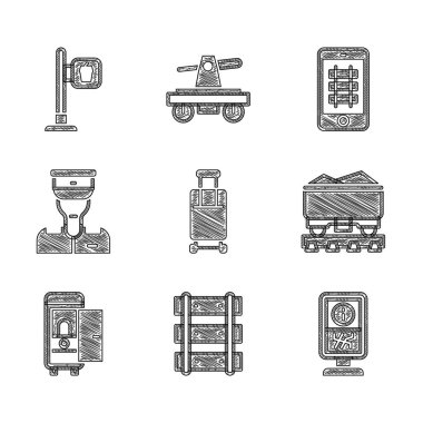 Bavul, tren yolu, tren yolu, bilgi standı, kömür treni vagonu, araba tuvaleti, tren kondüktörü, internetten bilet ve kafe restoranının konum ikonu. Vektör