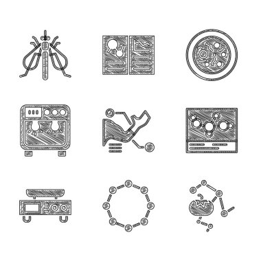Protez El, Kimyasal Formül, Genetik olarak değiştirilmiş yiyecek, Elektronik Pullar, Biyokoruma Kutusu, Bakterili Petri kabı ve Deneysel Böcek ikonu. Vektör