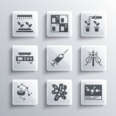 Hücre, Kimyasal Formül, Deneysel Böcek, Şırınga, Genetik olarak değiştirilmiş yiyecek, Elektronik Pul, Otomatik Sulama Fıskiyeleri, Pipette ve bitki simgesi. Vektör