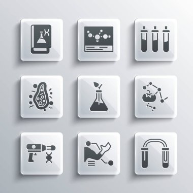 Protez el, deney tüpü şişesi, genetiği değiştirilmiş gıda, bitki yetiştirme, sıvı tabanca, bakteri, mühendislik kitabı ve Reaktif şişe ikonu hazırlayın. Vektör