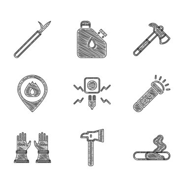 Elektrik kıvılcımı, itfaiyeci baltası, sigara, fener, eldivenler, alev alev yanan konum ve metal mızrak direği ikonu. Vektör