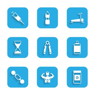 Spor genişleticisi, vücut geliştirici kas, anabolik ilaçlar, kum torbası, Dumbbell, eski kum saati, koşu bandı makinesi ve Doping şırınga ikonu. Vektör