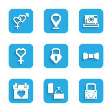 Castle 'ı kalp şeklinde ayarlayın, Kristal nişan yüzüğü, Kilit ve papyon, Takvim, kadın cinsiyet sembolü, fotoğraf makinesi ve cinsiyet ikonu. Vektör