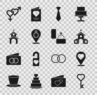 Anahtarı kalp şeklinde, yeri, kilise binası, kravat, alyans, cinsiyet ve elmas nişan ikonu şeklinde ayarla. Vektör