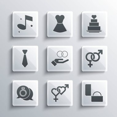 Set Cinsiyeti, Elmas Nişan Yüzüğü, Evlilik Yüzükleri, Kravat, Müzik Notası ve Kalp ikonlu Kek. Vektör