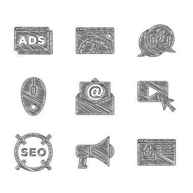 Posta ve e-posta, Megaphone, Tarayıcı penceresi, Reklamcılık, SEO optimizasyonu, Bilgisayar faresi, Müşteri ürün derecelendirmesi ve simgeyi ayarla. Vektör