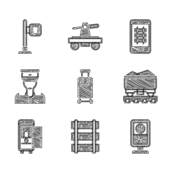 Set Suitcase, Železniční, Železniční trať, Informační stánek, Uhlí vlak vůz, WC auto, Vlakový průvodčí, Koupit jízdenku on-line a Cafe restaurace umístění ikonu. Vektor — Stockový vektor