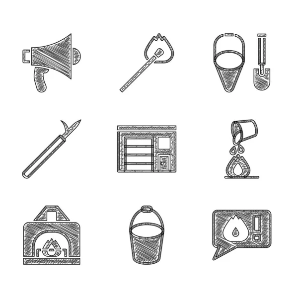 Set Bouw van brandweerkazerne, Brandweeremmer, Telefoon 911, Emmer blussen, Interieur open haard, Metalen snoek paal, schop en Megaphone icoon. Vector — Stockvector