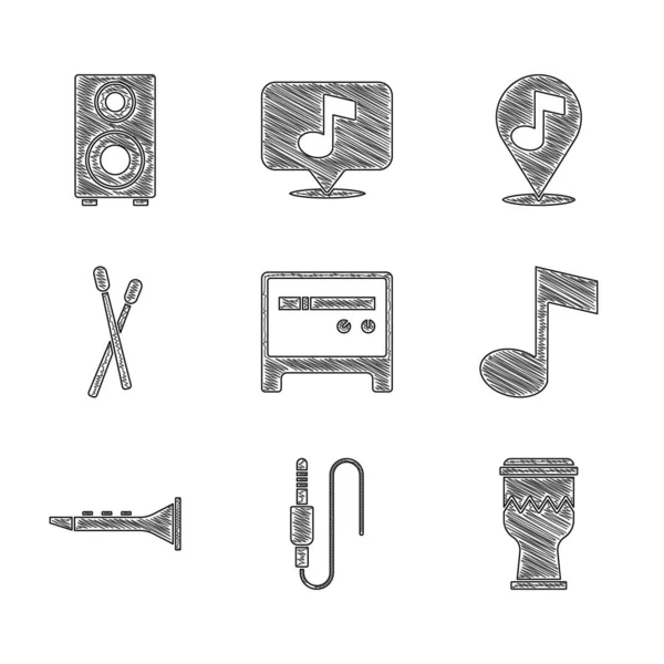 Set Guitar zesilovač, Audio jack, Drum, Hudební poznámka, tón, klarinet, hole, Umístění hudební a stereo reproduktor ikona. Vektor — Stockový vektor