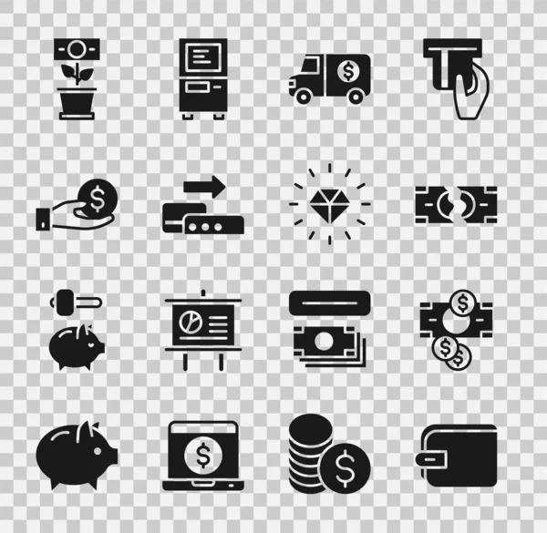 Set Wallet, Stacks paper money cash, Tearing banknote, Armored truck, Pos terminal, Hand giving, Money plant the pot and Diamond icon. Vector — Stock Vector