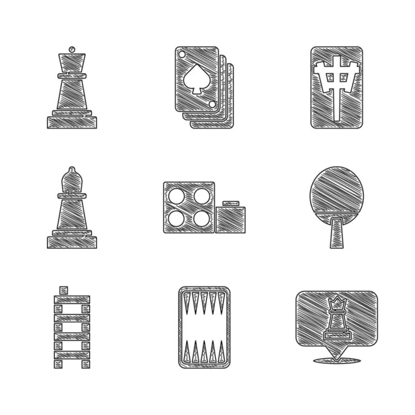 Conjunto de ladrillos de bloques de construcción de juguetes, tablero de backgammon, ajedrez, raqueta, piezas de Mahjong e icono. Vector — Archivo Imágenes Vectoriales