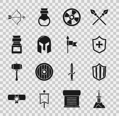 Kılıcı taşa, kalkana, yuvarlak ahşap kalkana, ortaçağ demir miğferine, zehirli şişeye, yay, ok ve mızrak ikonuna yerleştir. Vektör