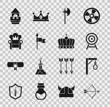 Ortaçağ yayı ve oku, darağacı, balta, mızrak, taht, kale kulesi ve kral taç ikonu ile hedef alın. Vektör