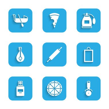 Rolling pin, pizza, bıçak, resim, parfüm, mandolin ve gondol ikonu. Vektör