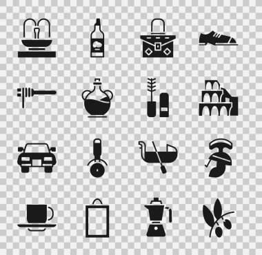 Zeytin dalı, Roma askeri miğferi, Roma 'da kolezyum, el çantası, bir şişe zeytinyağı, makarna spagetti, çeşme ve Mascara fırçası ikonu. Vektör