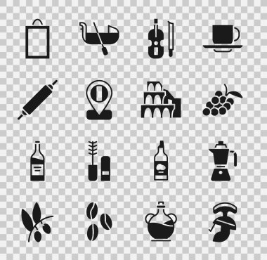 Roma ordu kaskı, kahve fincanı, üzüm meyvesi, keman, lokasyon İtalya, Rolling pin, Resim ve Roma ikonu. Vektör