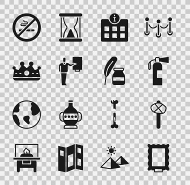 Resim, taş devri çekiç, yangın söndürücü, bilgi, müze rehberi, kral tacı, sigara ve tüy ve mürekkep ikonu yok. Vektör