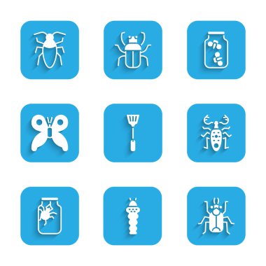 Set Sineği, Larva Böceği, Böcek, Geyik, Örümcek Kavanozu, Kelebek, Ateşböcekleri ve Hamamböceği ikonu. Vektör