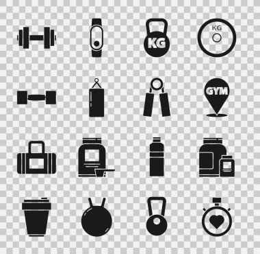 Merkezdeki kronometreye kalp tak, spor beslenme, spor salonu, Kettlebell, kum torbası, Dumbbell, ve genişletici ikon. Vektör