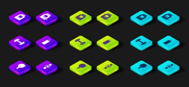 Raket ve top, Smartwatch, Dumbbell, kum torbası, spor beslenme ve ikon. Vektör