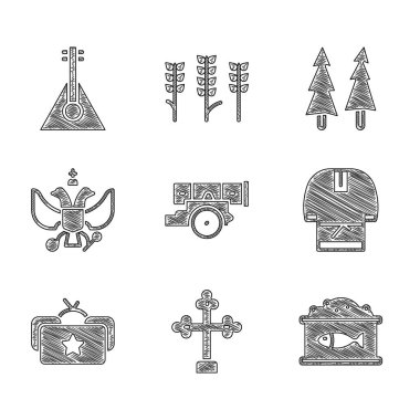 Set Cannon, Christian cross, Tin can with caviar, Kosovorotka, Ushanka, National emblem of Russia, Christmas tree and Balalaika icon. Vector clipart