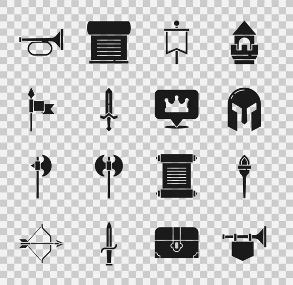 Установите Трубу с флагом, факелом, средневековым железным шлемом, мечом, копьём и значком Короны Местонахождения. Вектор — стоковый вектор