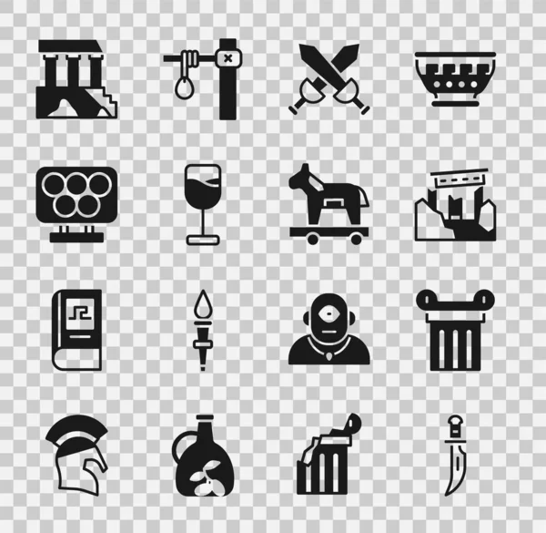 Set dolk, oude zuil, ruïnes, gekruist middeleeuws zwaard, wijnglas, Olympische ringen, Parthenon en Trojaans paard icoon. Vector — Stockvector