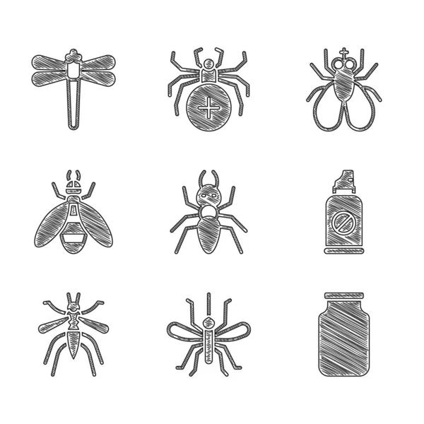 Set Ant, Zanzara, Vaso di vetro, Spray contro gli insetti, Ape, Insetto mosca e icona libellula. Vettore — Vettoriale Stock