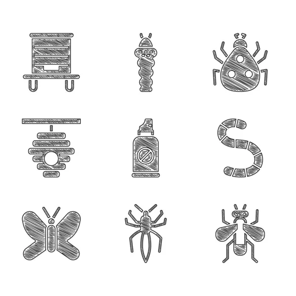 Set Spray against insects, Spider, Insect fly, Worm, Butterfly, Hive for bees, Ladybug and icon. Vector — Stock Vector