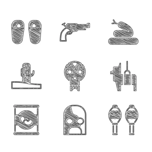 Conjunto de cráneo mexicano, luchador, Maracas, Pinata, Frijoles, Cactus, Serpiente y chanclas icono. Vector — Vector de stock