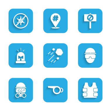 Uçan Taş, Düdük, Kurşun geçirmez yelek, Özel Kuvvetler askeri, Gaz maskesi, Teşhirci sireni, Protesto ve ikon. Vektör